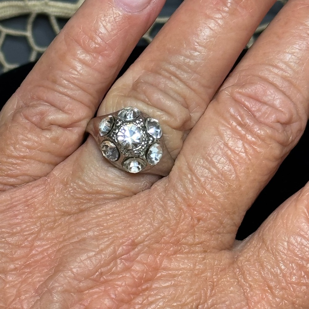 Silver tone and large rhinestone studded ring